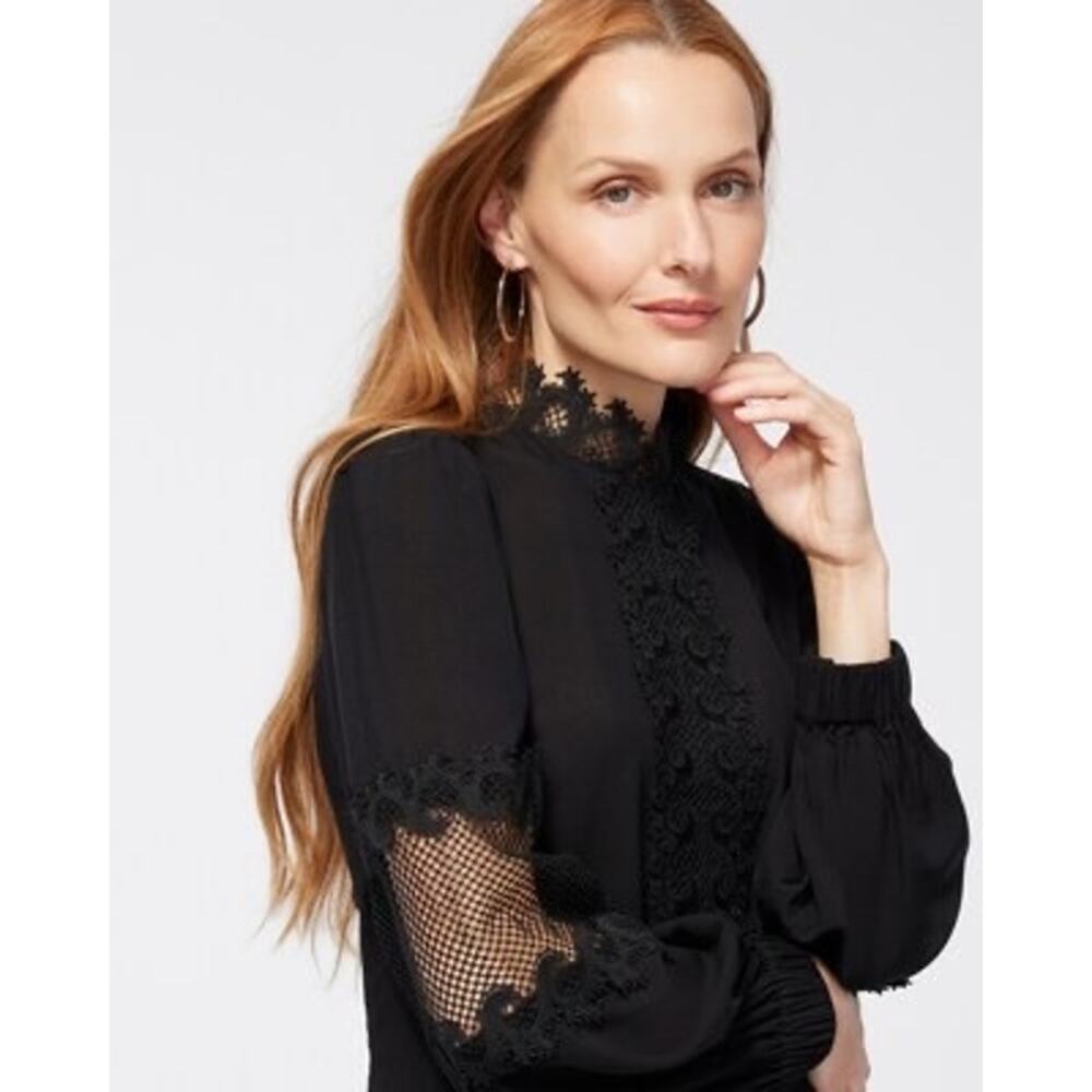 CHICOS Black Label | Womens Lace Trim Top $160 NEW Size 14 Black Whimsigoth Boho - Picture 2 of 16